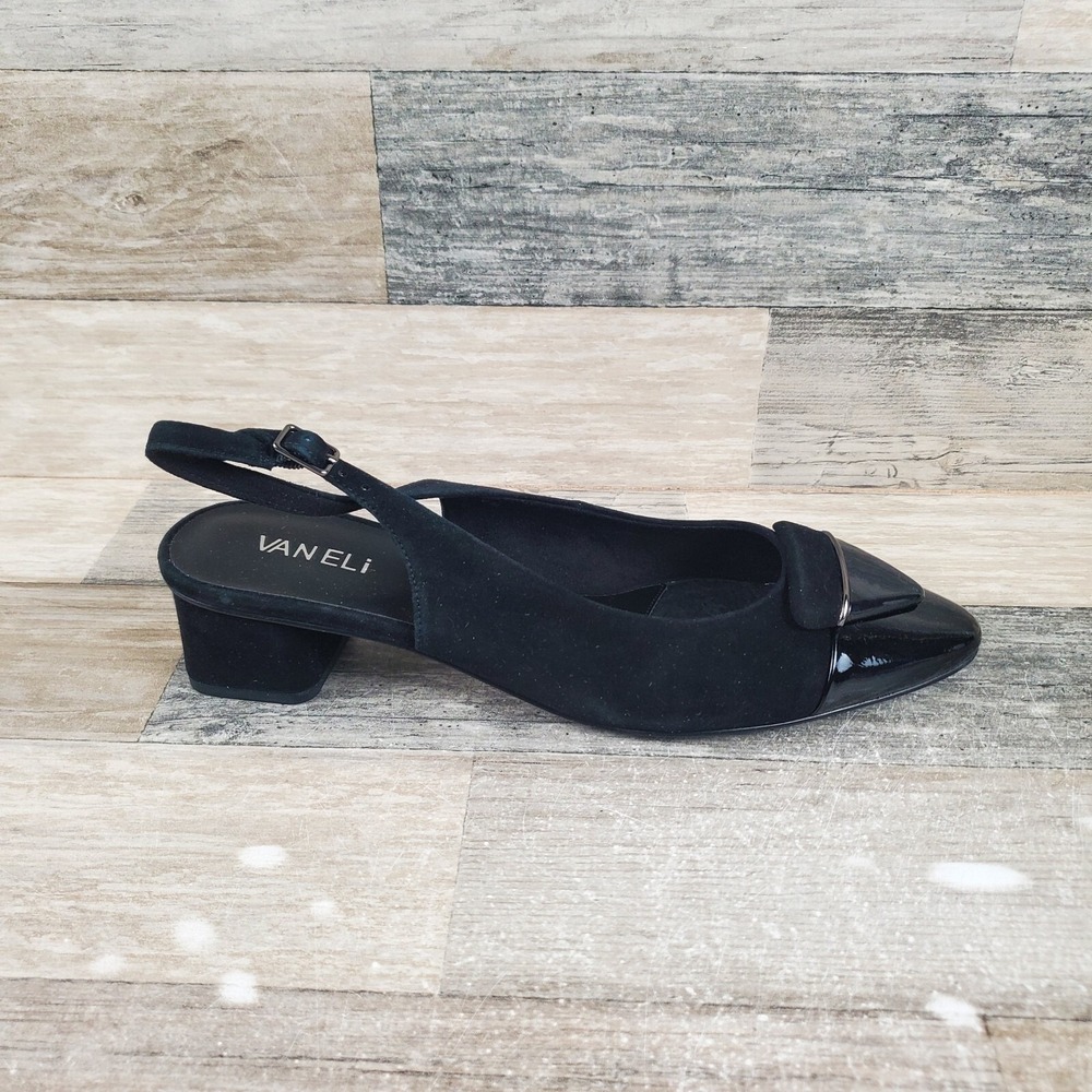Van Eli Lomie Womens Pumps Sz 9 M Block Heel Black Suede Patent Slingback Strap
